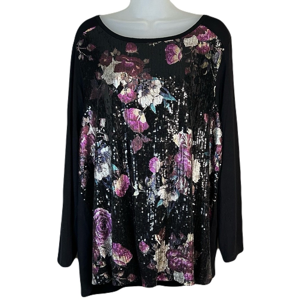 Ava James Womens Sparkly Floral Sequin‎ Top Size 2X Round Neck Fairy Grunge